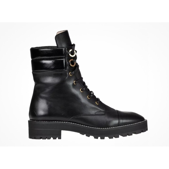 Stuart Weitzman Womens Leather Combat Boots Gold Accents Lug Sole Boots‎ Sz 8.5 - Picture 1 of 10